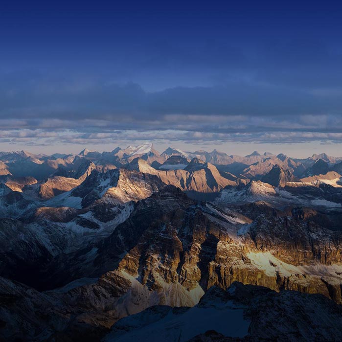 Canadian Rockies mountain vista at sunset.