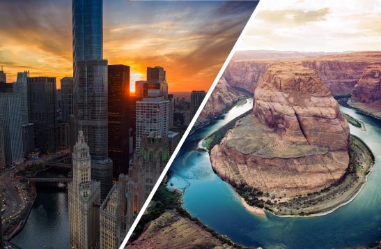 Split image with Chicago skyline on the left and a desert canyon on the right.