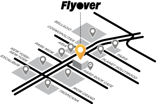 A graphic map with a pin showing the location of Flyover in relation to Las Vegas streets.